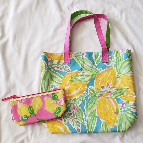 **SOLD**Estee Lauder Lilly Pulitzer Lemon Print Canvas Beach Bag,Cosmetics~NEW - Picture 3 of 5